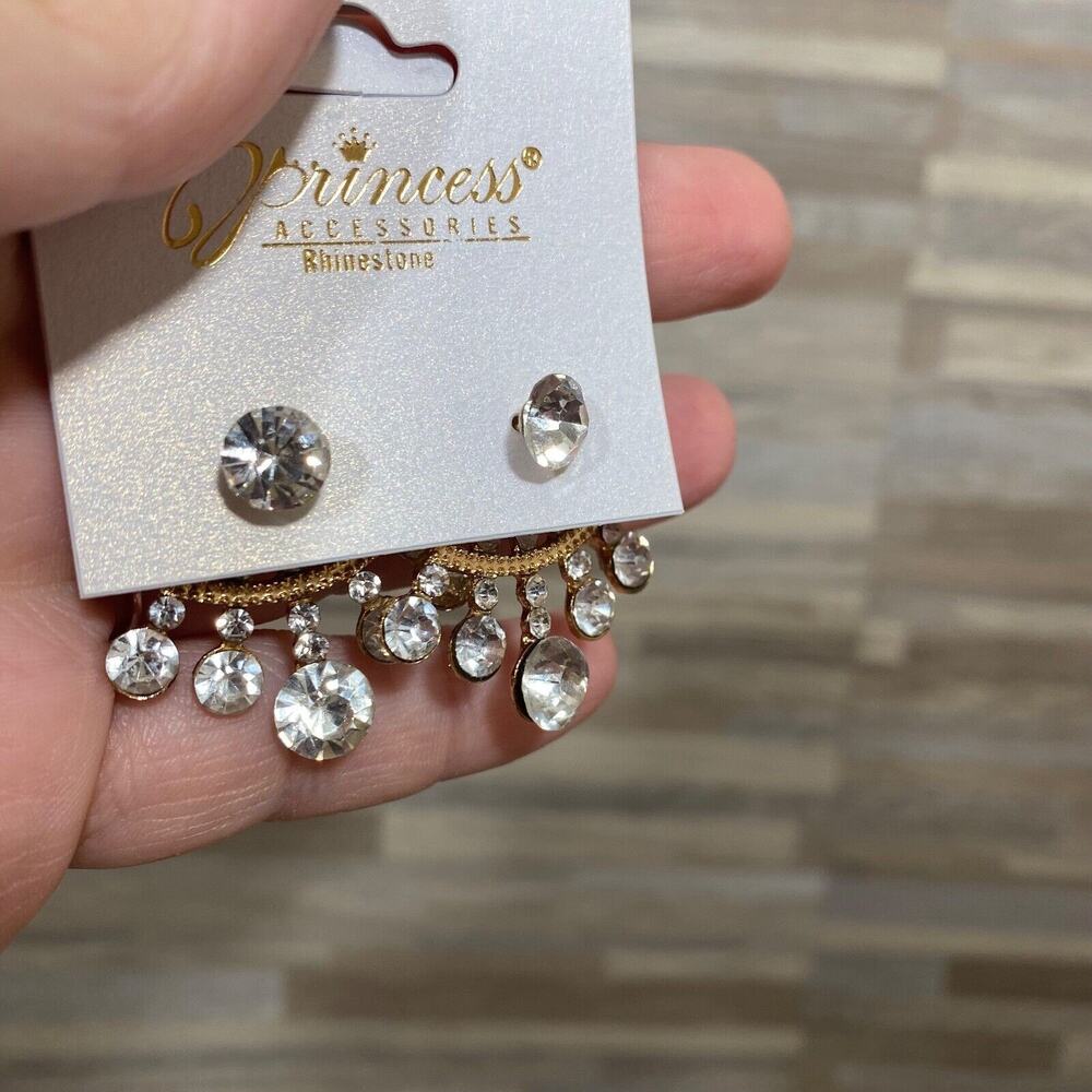 Princess Accessories Rhinestone Under Lobe Cuff Stud Gold Tone Earrings - Picture 4 of 8